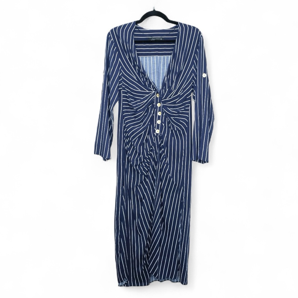 Zara Navy and White Striped Long Sleeve Dress